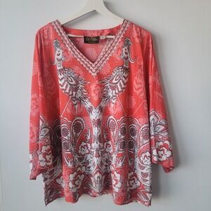 Bob Mackie wearable art women's shirt size L peacock floral print v-neck